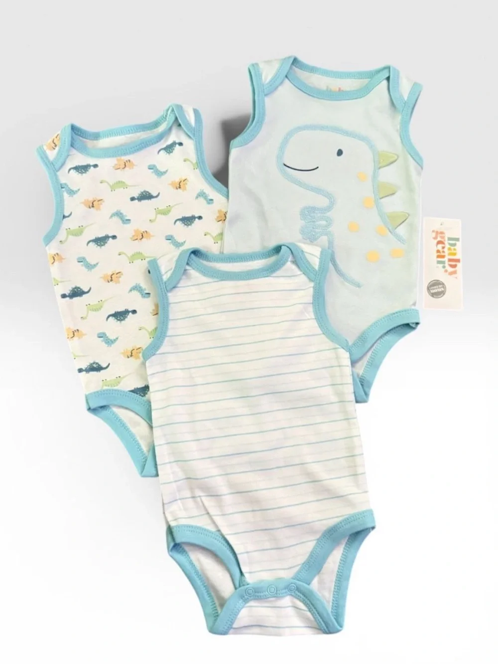 Baby Blue Dino Sleeveless One-Piece Bodysuit - 3 Pack